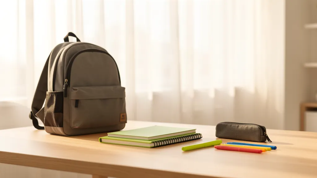 Material escolar de vuelta al cole sobre una mesa: mochila, cuadernos y estuche.