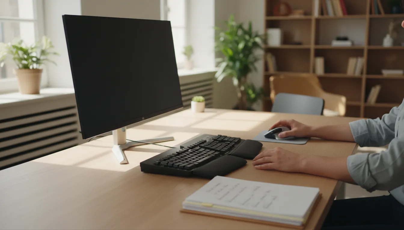 Persona trabajando en una oficina con teclado independiente, ratón ergonómico y antebrazos apoyados