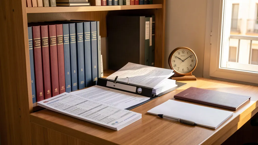 Estantería de madera de un despacho con libros de registro de lomo granate y azul, un archivador de palanca abierto con documentos y un reloj de sobremesa junto a una carpeta sobre la mesa