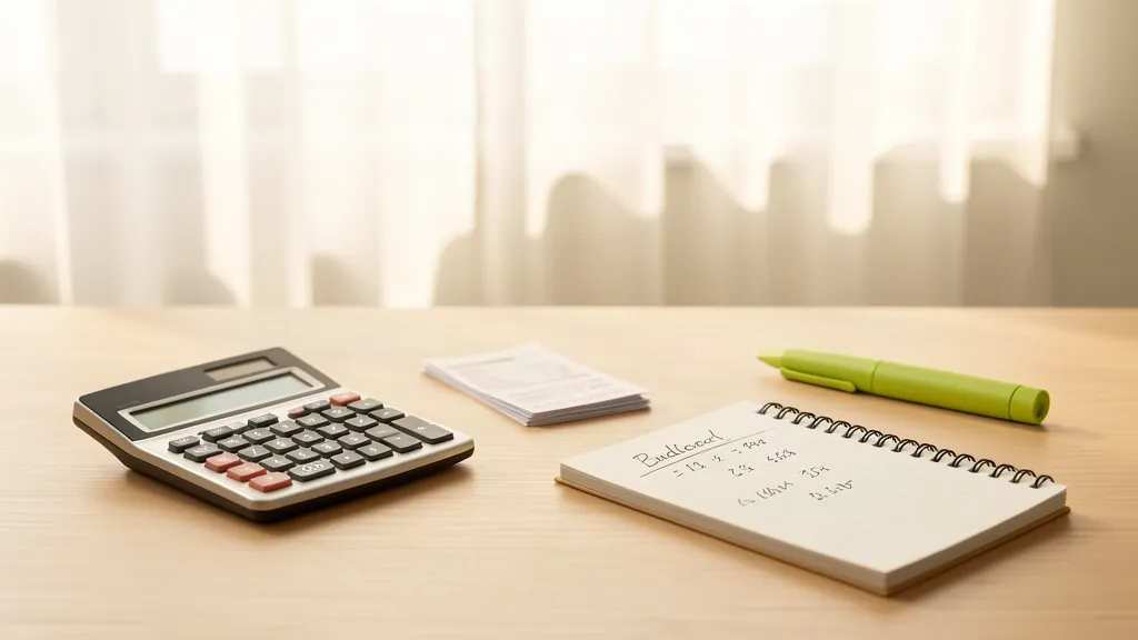 Escritorio con calculadora, recibos y una libreta de presupuesto para montar una oficina.