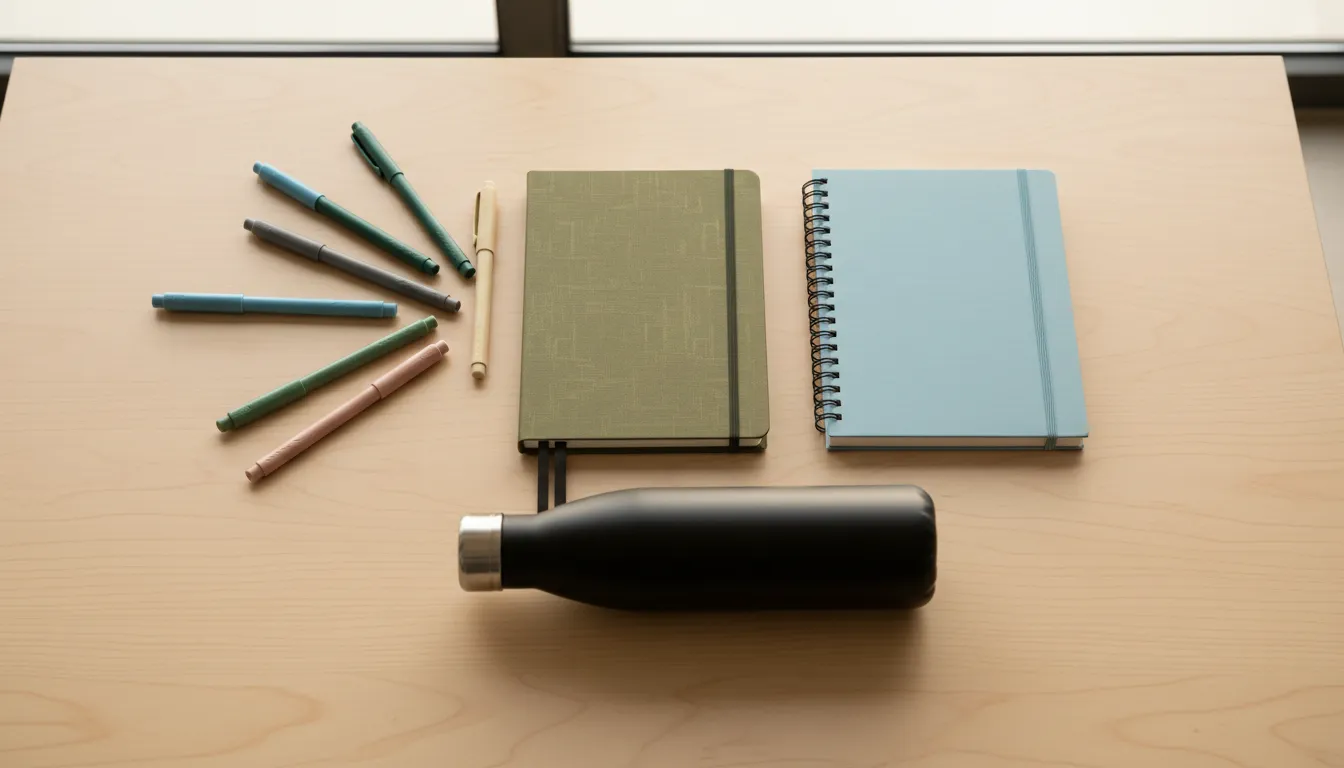 Plano cenital de un set de material promocional de oficina: bolígrafos de colores, una libreta de tapas duras, una agenda y una botella reutilizable sobre una mesa de madera con luz cálida.
