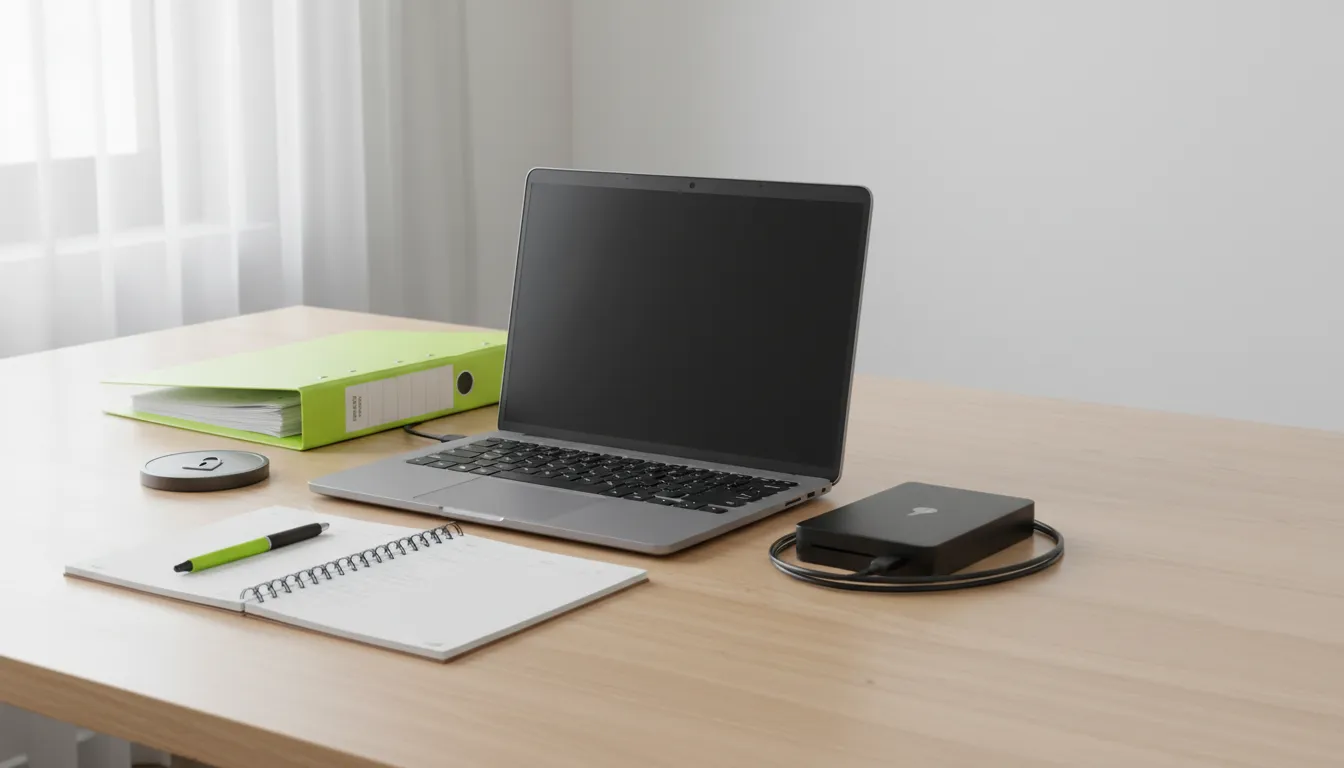 Mesa de oficina con portátil, disco externo y documentos preparados para una copia de seguridad